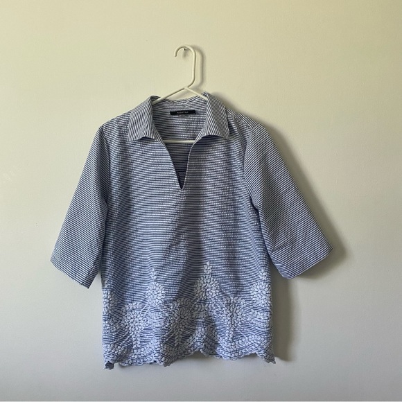 August Silk Navy Striped Collared Embroidered Floral Blouse M - Picture 2 of 4